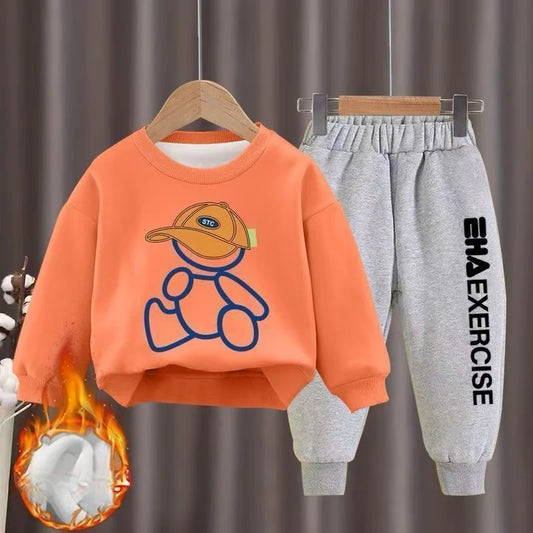 Kids Warm Fleece-lined Cartoon Tracksuit Set