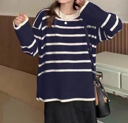 Striped Knitted Long-sleeved Loose Women Sweater
