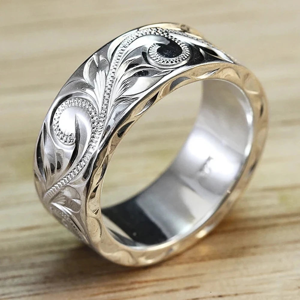 Trendy Engraved Flower Leaf Wedding Rings