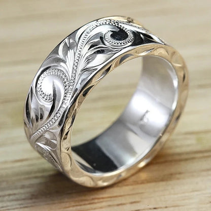 Trendy Engraved Flower Leaf Wedding Rings