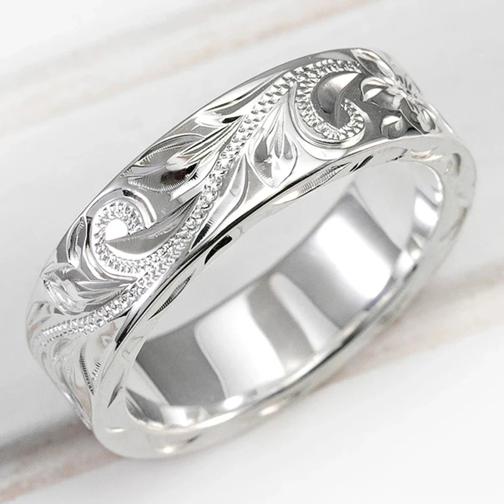Trendy Engraved Flower Leaf Wedding Rings