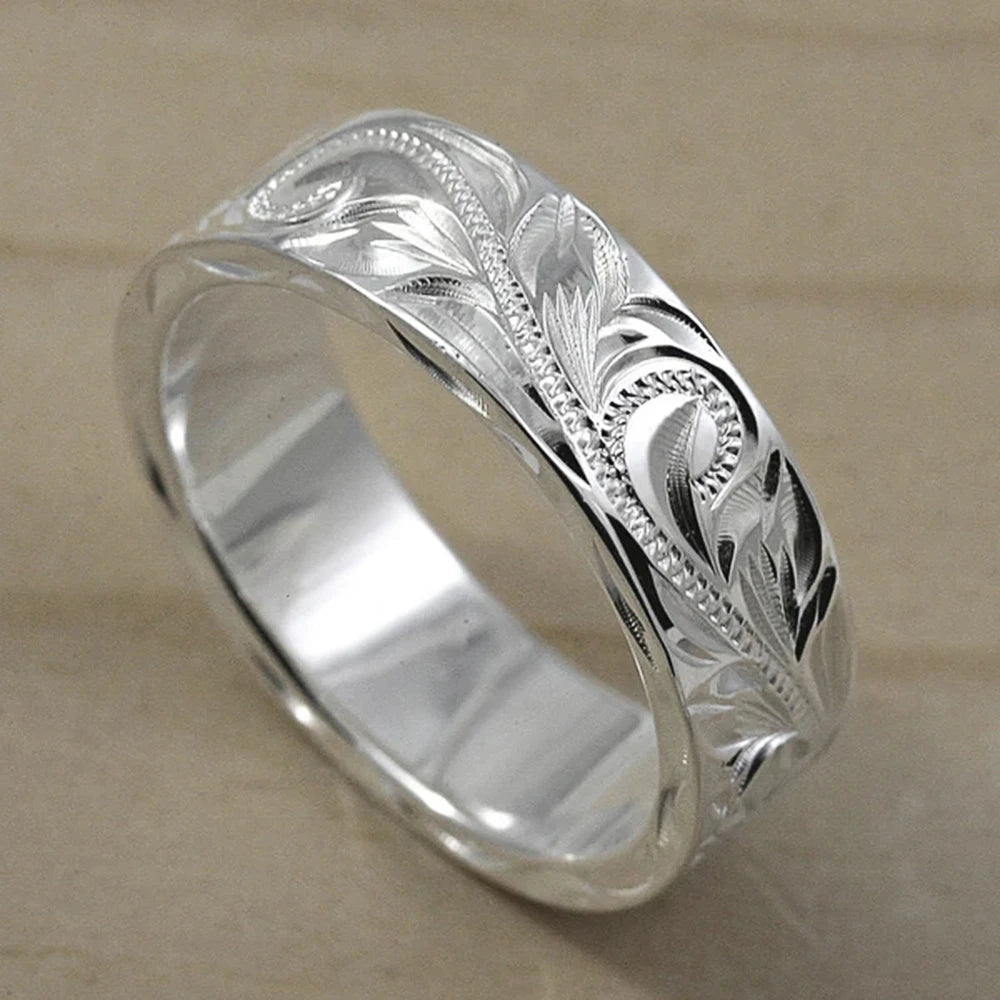 Trendy Engraved Flower Leaf Wedding Rings