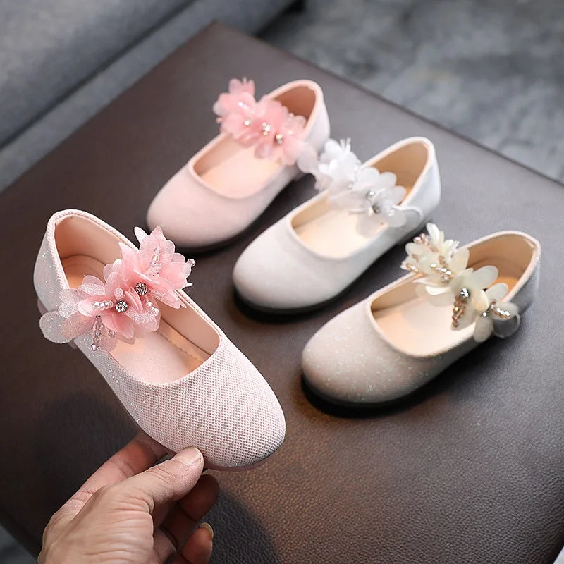 Kids Leather Shining Flowers Princess Shoes