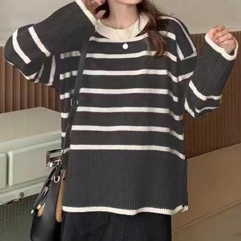 Striped Knitted Long-sleeved Loose Women Sweater