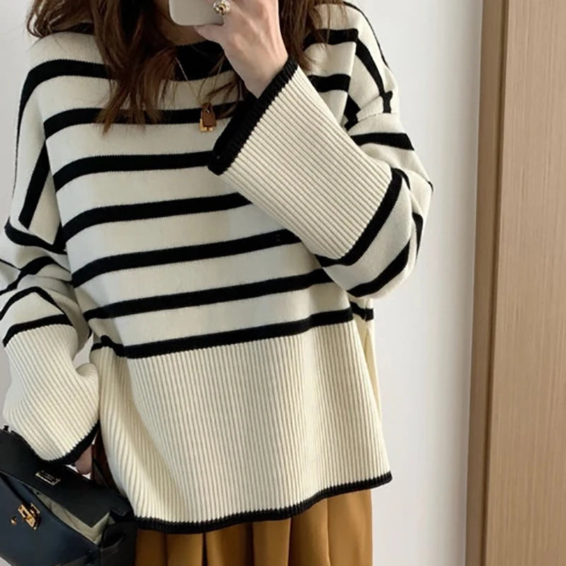 Striped Knitted Long-sleeved Loose Women Sweater