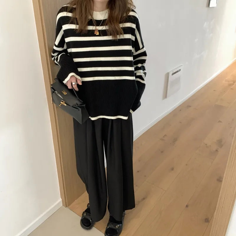Striped Knitted Long-sleeved Loose Women Sweater