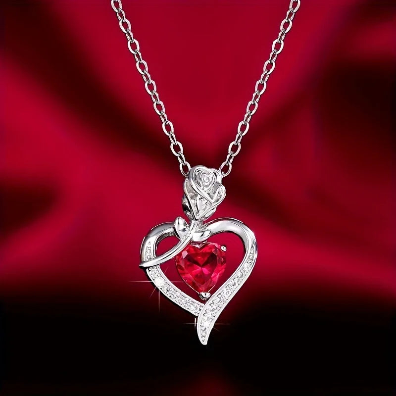 Valentine Gift Luxury Red Heart Necklace With Rose Gift Box