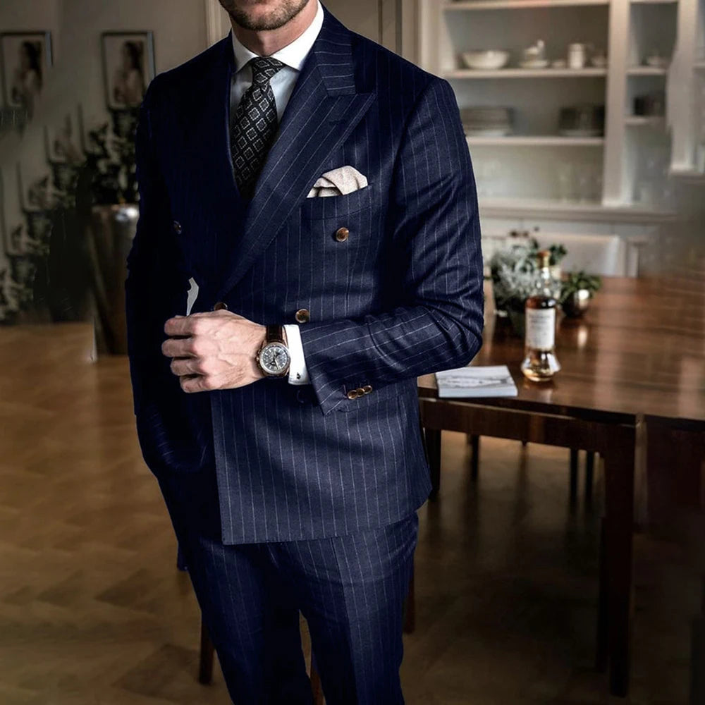Chic Pinstripe Navy Blue Men 2 Piece Suits


