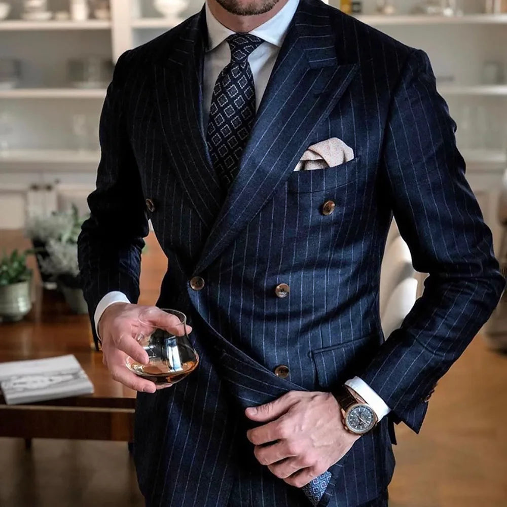 Chic Pinstripe Navy Blue Men 2 Piece Suits

