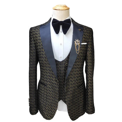 Black and White Men's 3-Piece Suit with Gold Print

