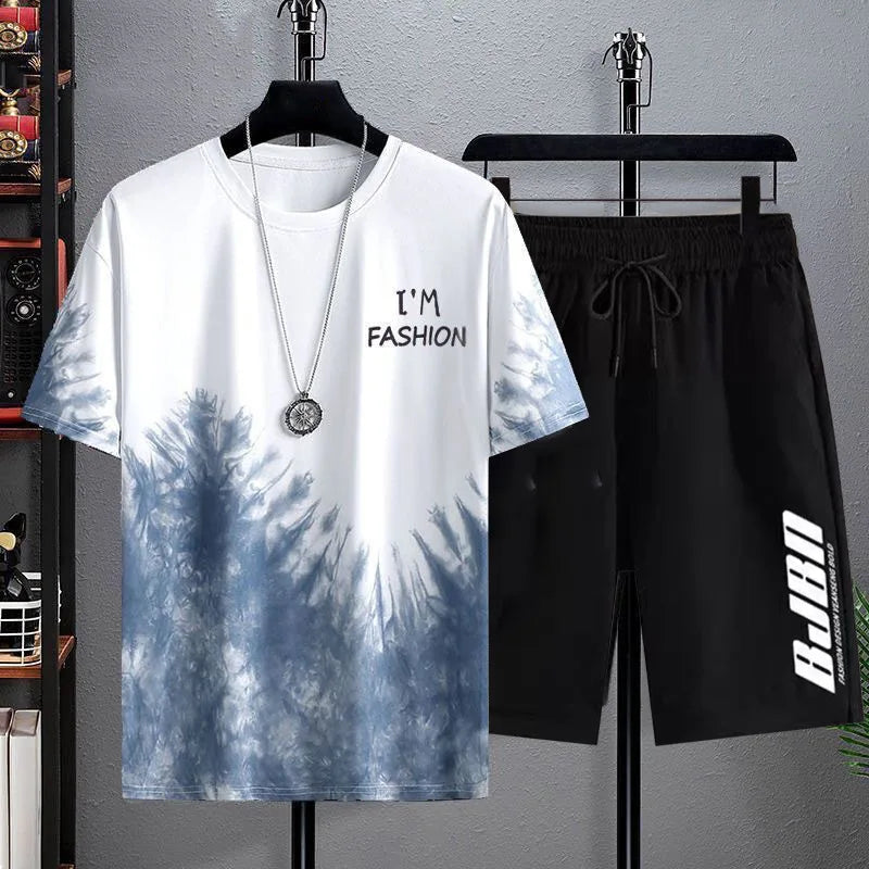 Men Gradient Ice Silk Short Sleeve Shorts Set
