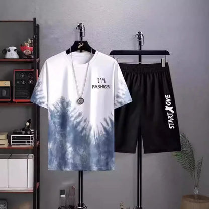 Men Gradient Ice Silk Short Sleeve Shorts Set