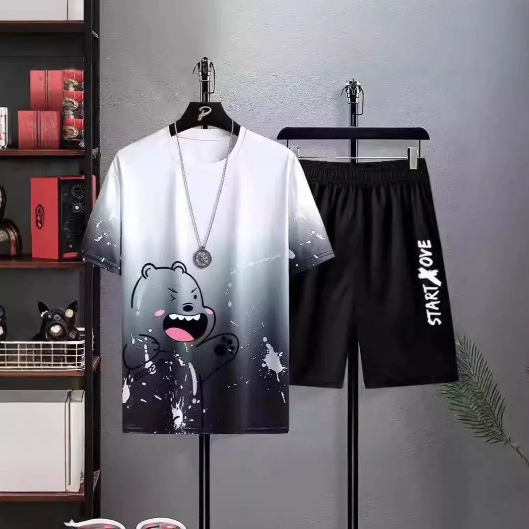 Men Gradient Ice Silk Short Sleeve Shorts Set