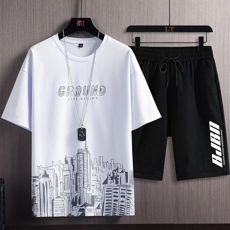 Men Gradient Ice Silk Short Sleeve Shorts Set