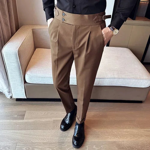 Men's High Waist Slim Suit Pants with Belt
