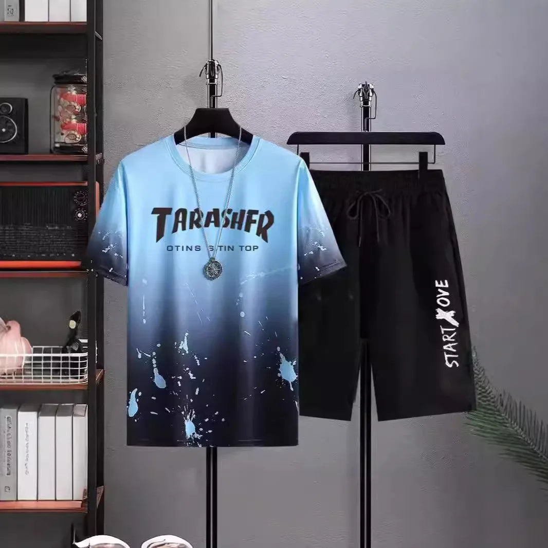 Men Gradient Ice Silk Short Sleeve Shorts Set