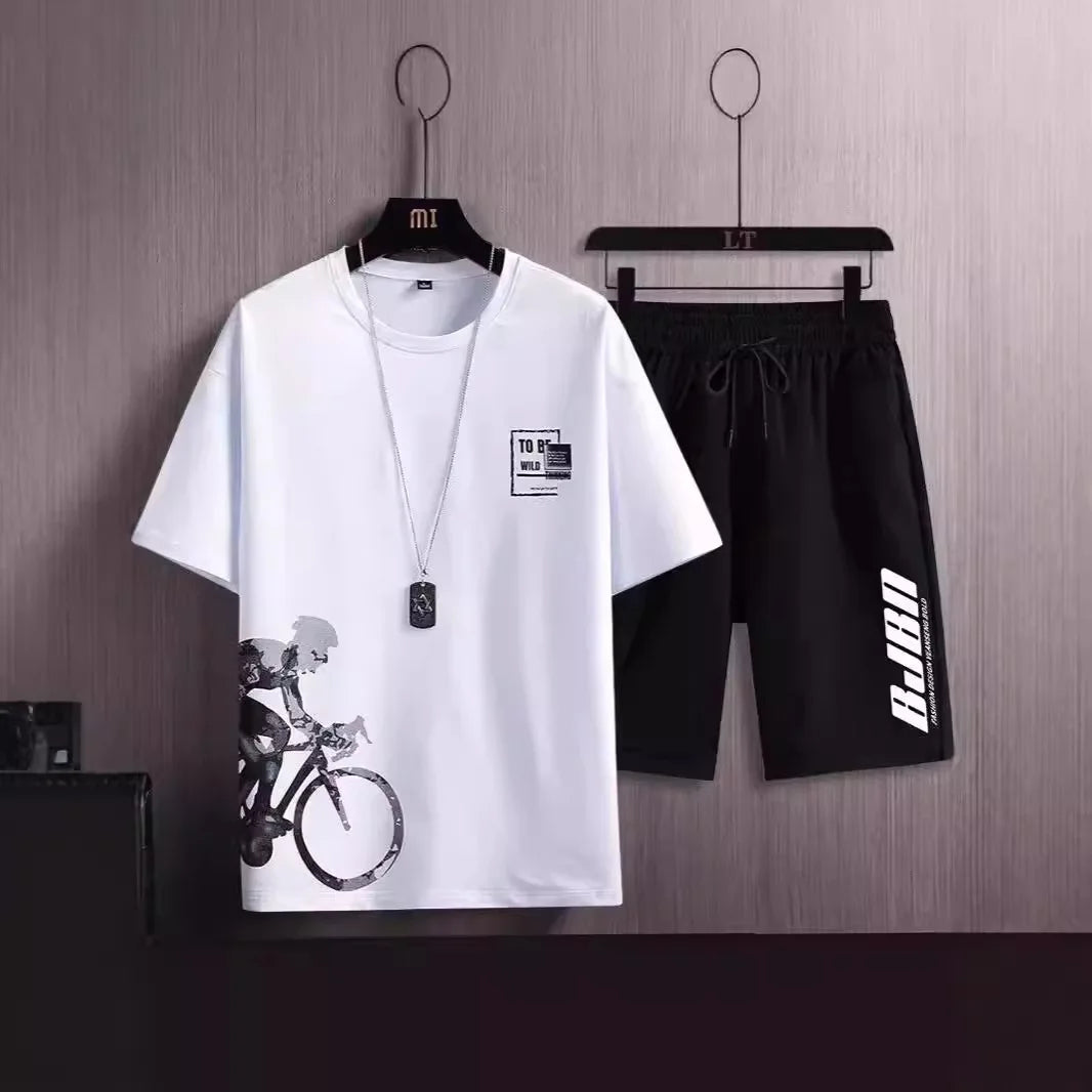 Men Gradient Ice Silk Short Sleeve Shorts Set