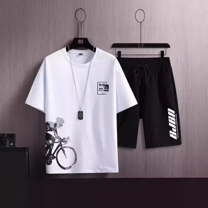 Men Gradient Ice Silk Short Sleeve Shorts Set
