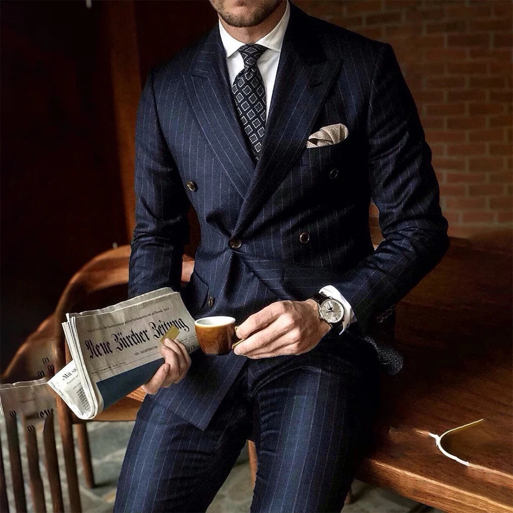 Chic Pinstripe Navy Blue Men 2 Piece Suits
