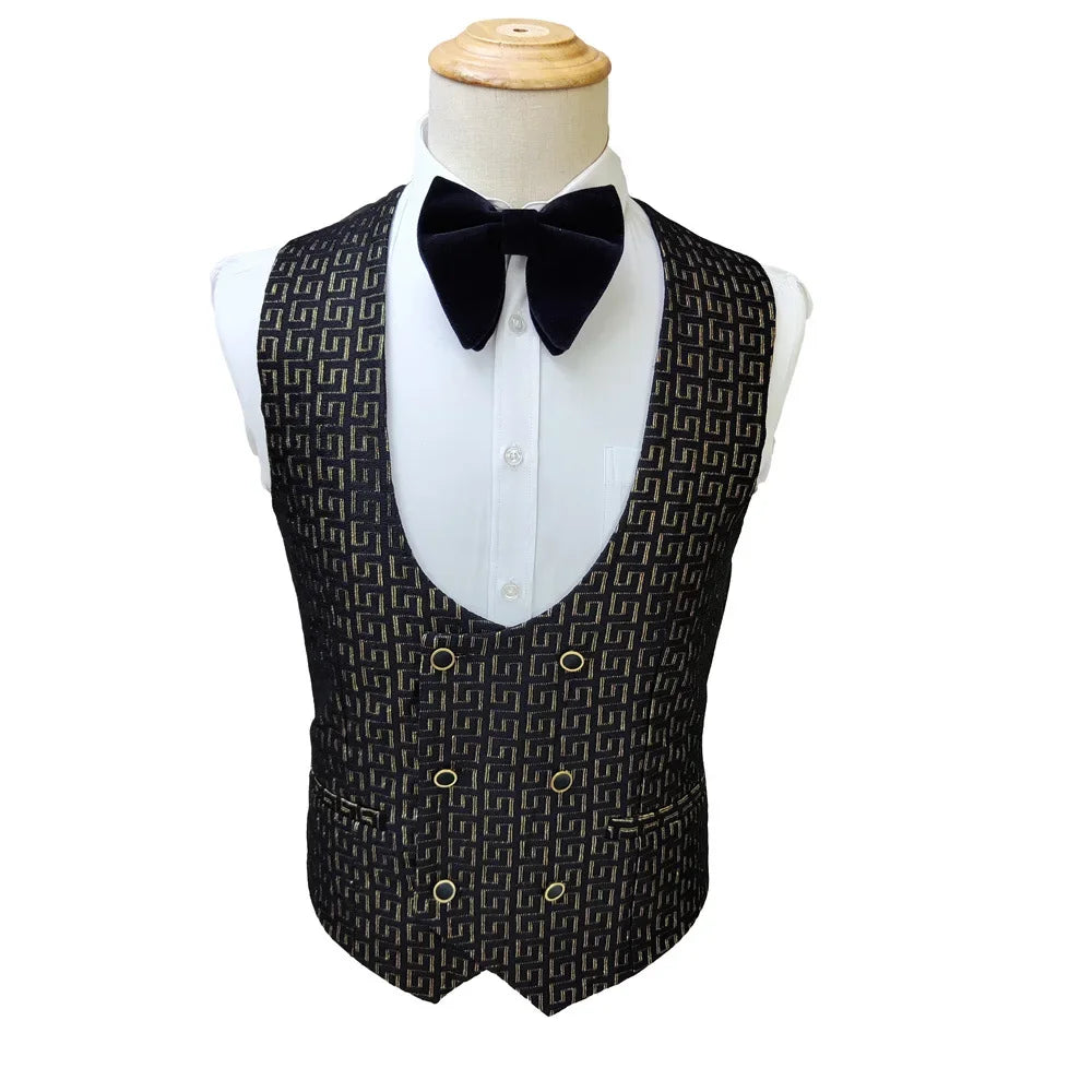 Black and White Men's 3-Piece Suit with Gold Print
