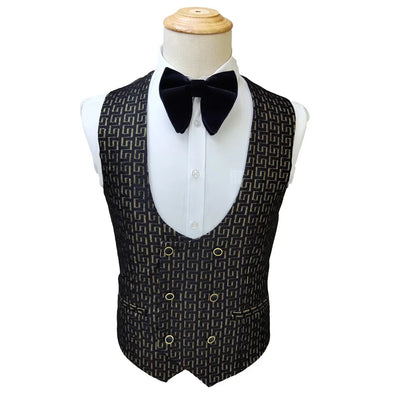 Black and White Men's 3-Piece Suit with Gold Print
