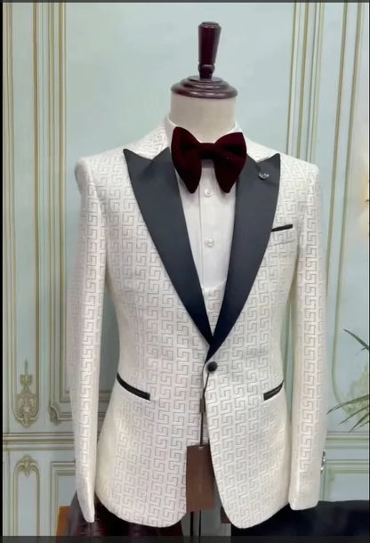 Black and White Men's 3-Piece Suit with Gold Print
