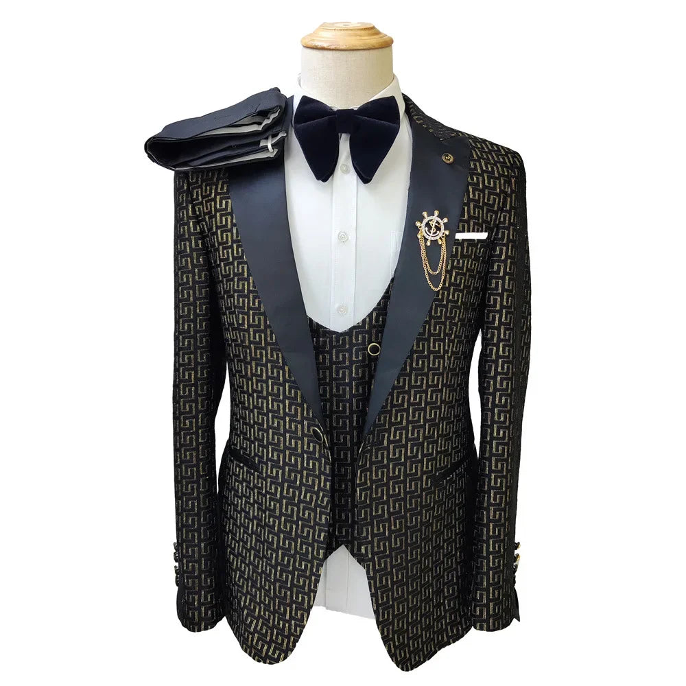 Black and White Men's 3-Piece Suit with Gold Print
