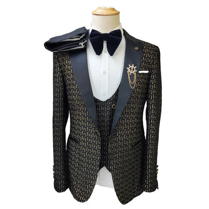 Black and White Men's 3-Piece Suit with Gold Print
