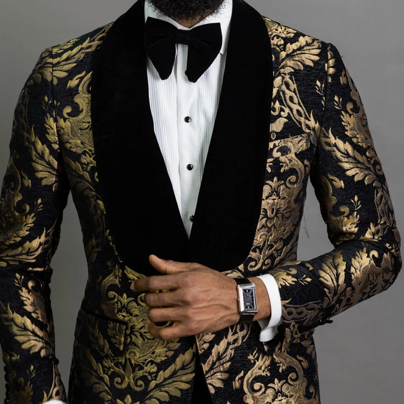 Men's Double Breasted Black Gold Jacquard Wedding Suits
