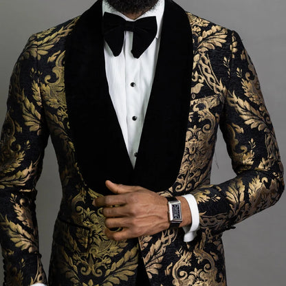 Men's Double Breasted Black Gold Jacquard Wedding Suits
