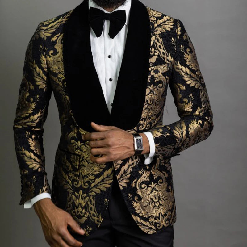 Men's Double Breasted Black Gold Jacquard Wedding Suits
