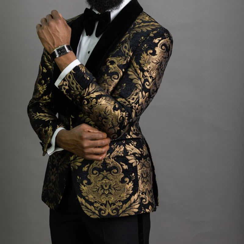 Men's Double Breasted Black Gold Jacquard Wedding Suits
