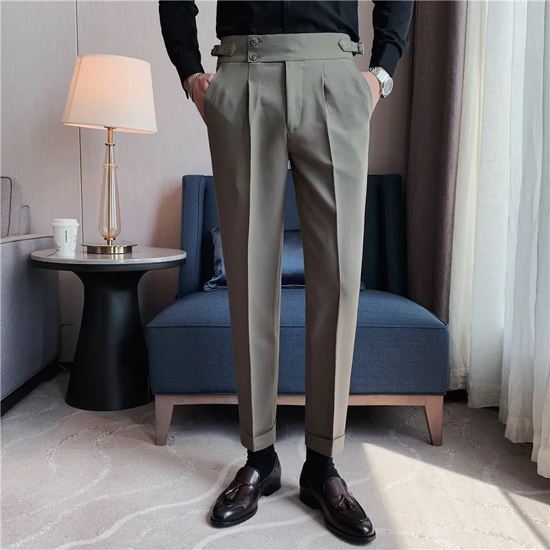 Men's High-Waist Solid Color Business Casual Trousers
