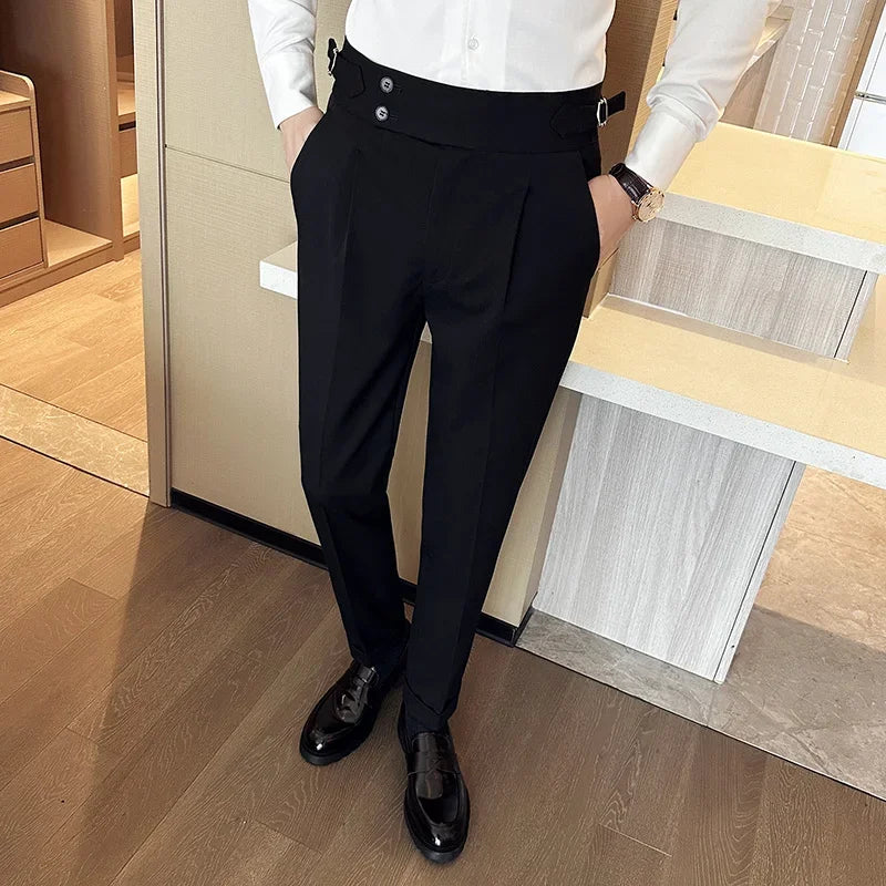 Men's High Waist Slim Suit Pants with Belt
