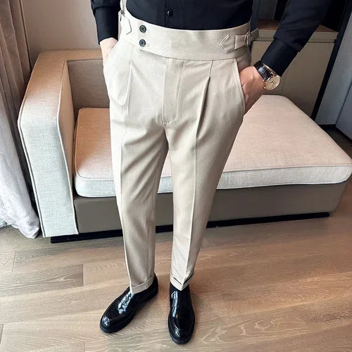 Men's High Waist Slim Suit Pants with Belt
