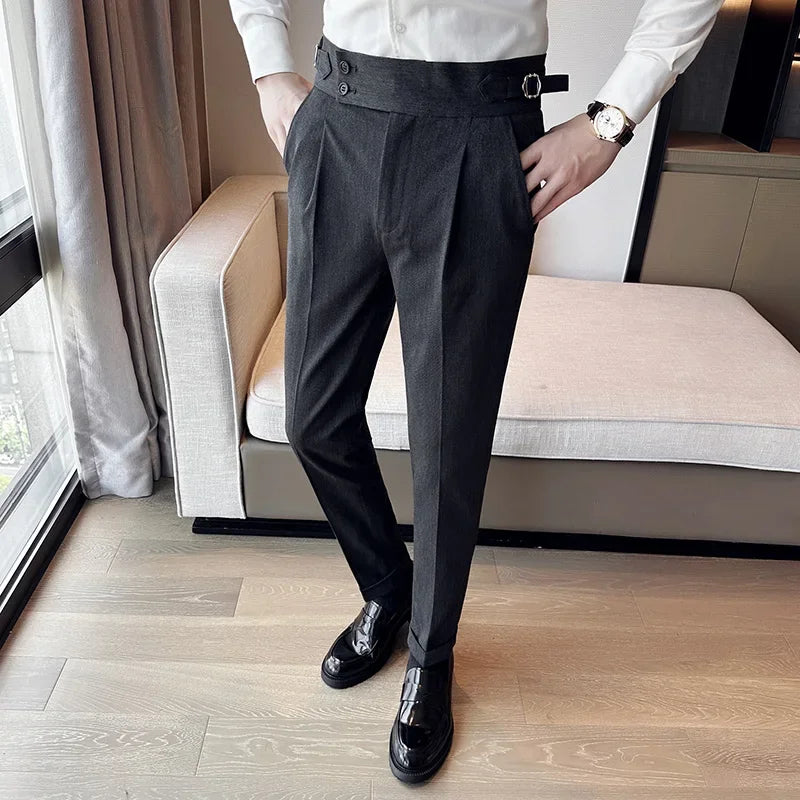 Men's High Waist Slim Suit Pants with Belt

