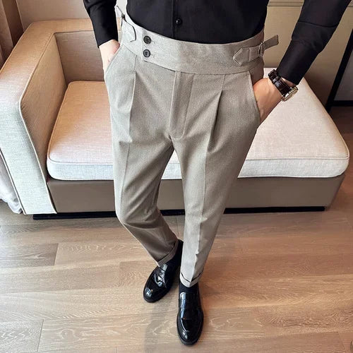 Men's High Waist Slim Suit Pants with Belt
