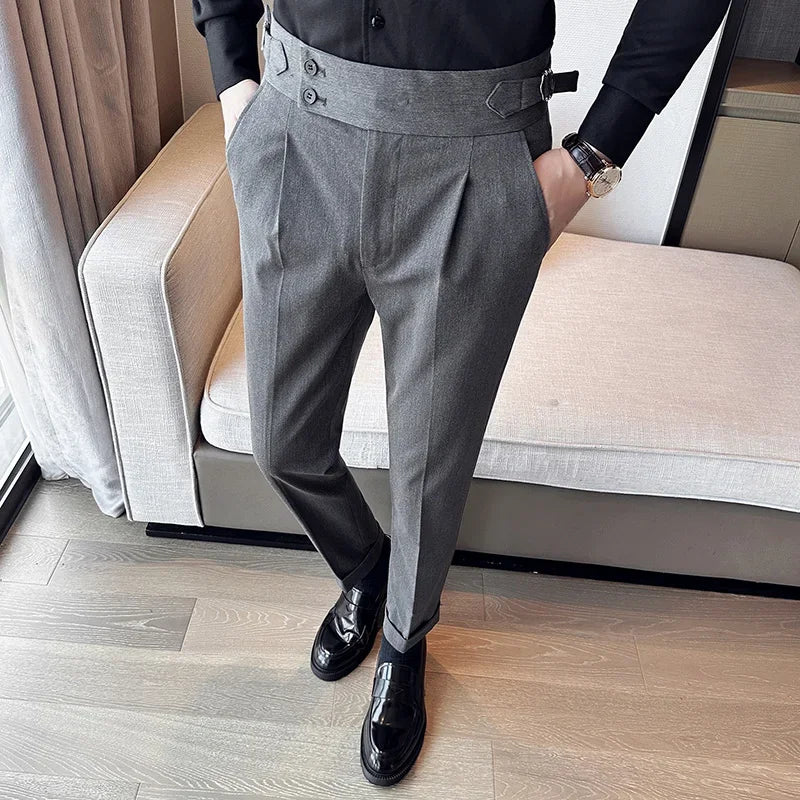 Men's High Waist Slim Suit Pants with Belt
