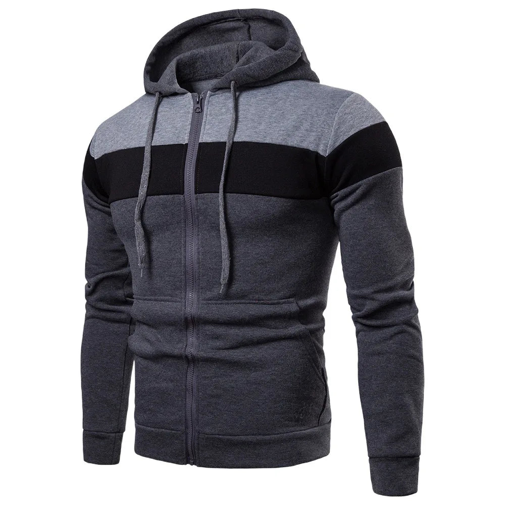 New Men's Hooded Zipper Sports Top- Color Splicing & Fleece
