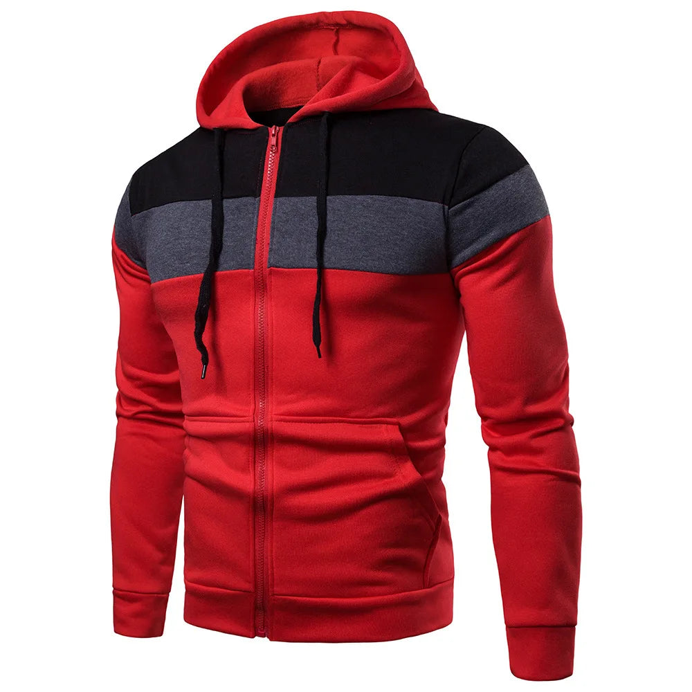 New Men's Hooded Zipper Sports Top- Color Splicing & Fleece
