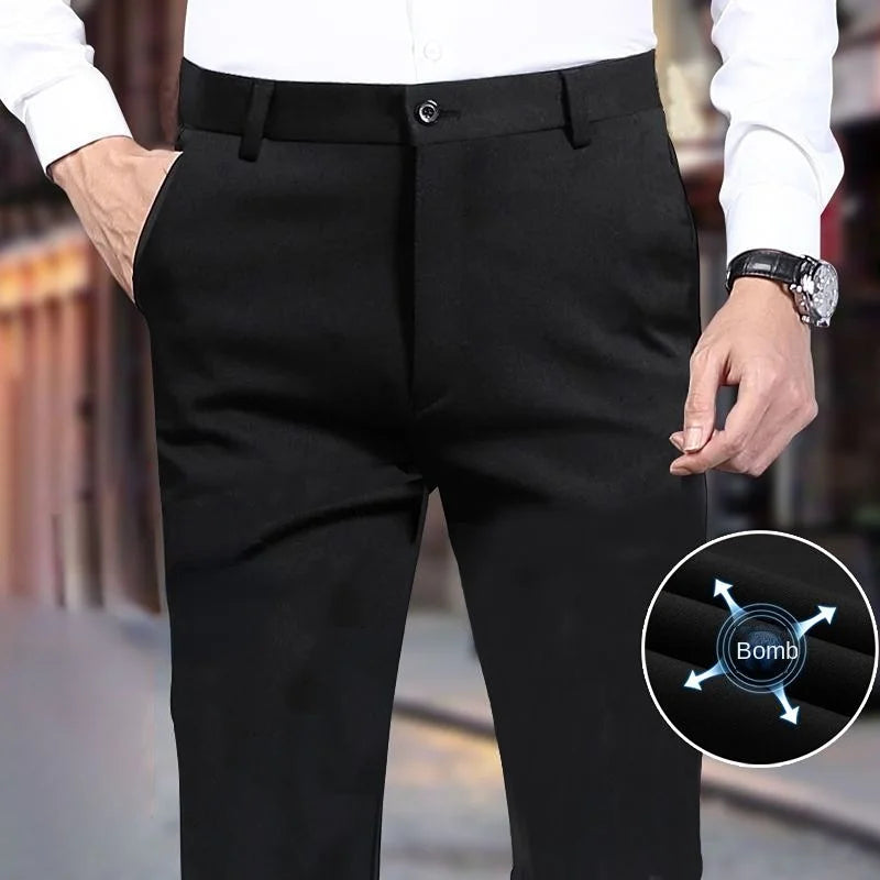 Men's Summer Slim-fit Black Elastic Suit Pants
