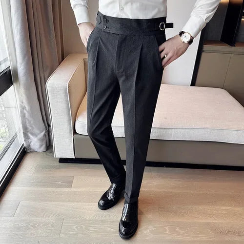 Men's High Waist Slim Suit Pants with Belt
