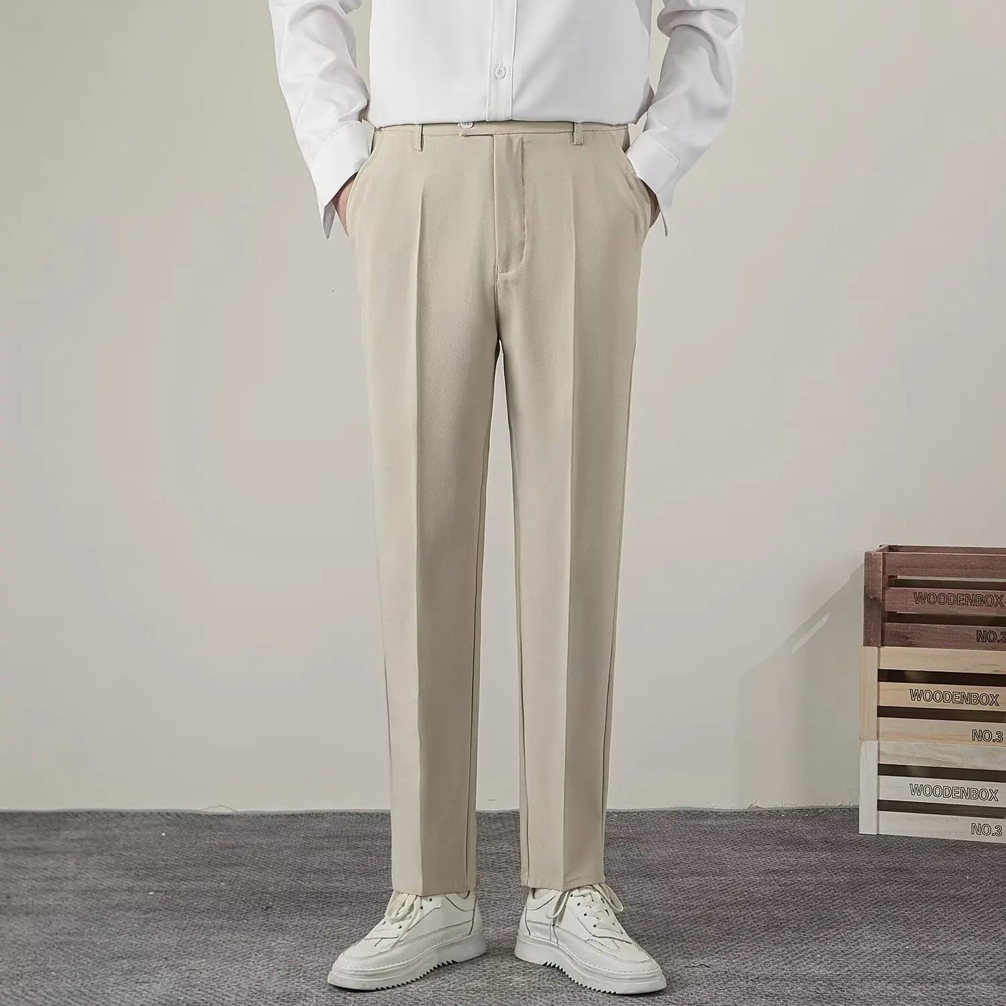 Men's Solid Color Straight Casual Pants - Slim Fit Business Trousers
