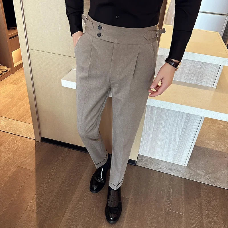 Men's High Waist Slim Suit Pants with Belt
