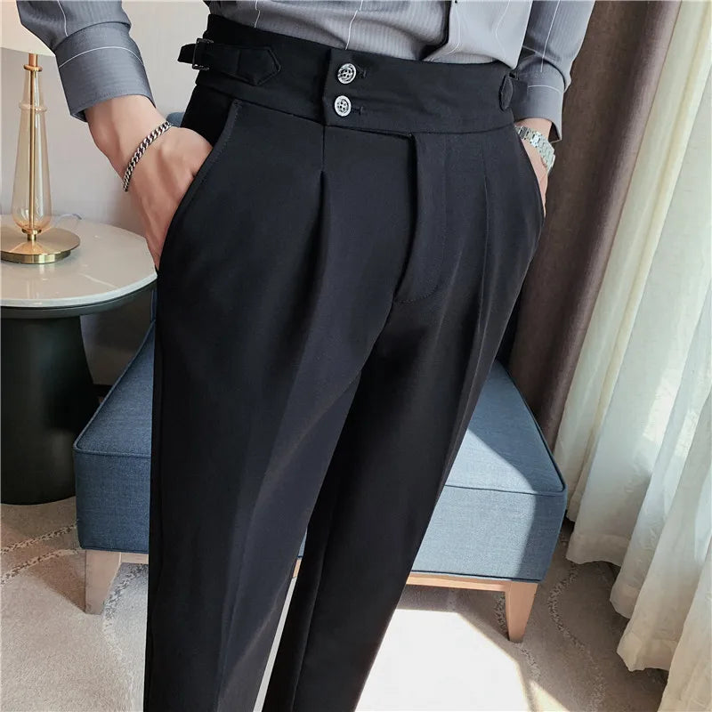 Men's High-Waist Solid Color Business Casual Trousers
