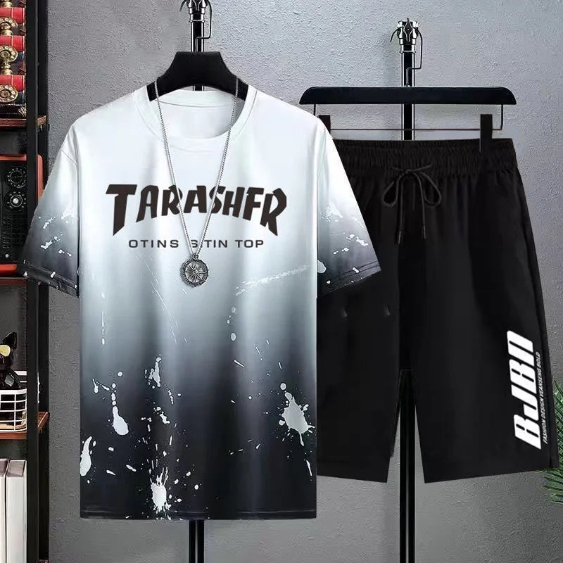 Men Gradient Ice Silk Short Sleeve Shorts Set