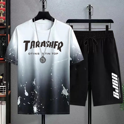 Men Gradient Ice Silk Short Sleeve Shorts Set