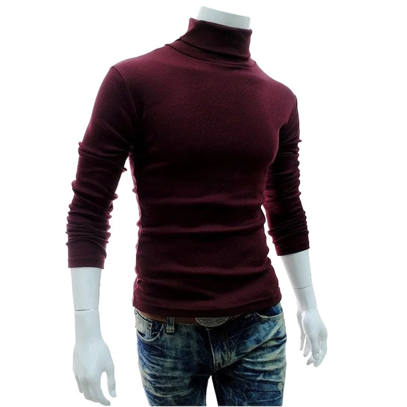 Mens Red Wine Turtleneck Thin Cotton Sweater
