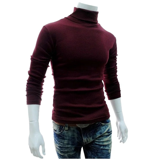 Mens Red Wine Turtleneck Thin Cotton Sweater
