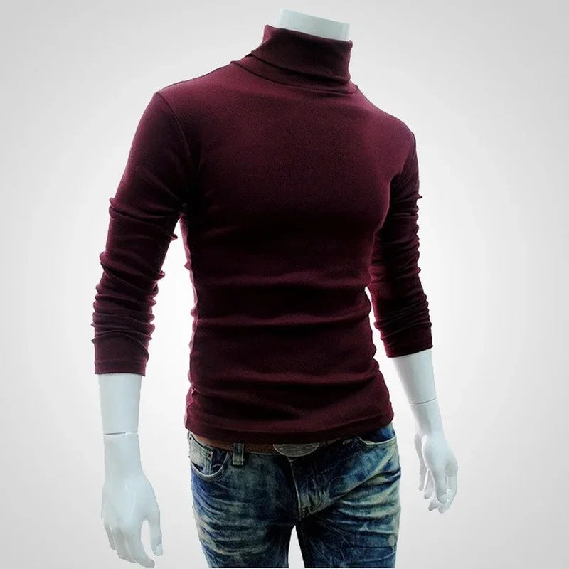Mens Red Wine Turtleneck Thin Cotton Sweater
